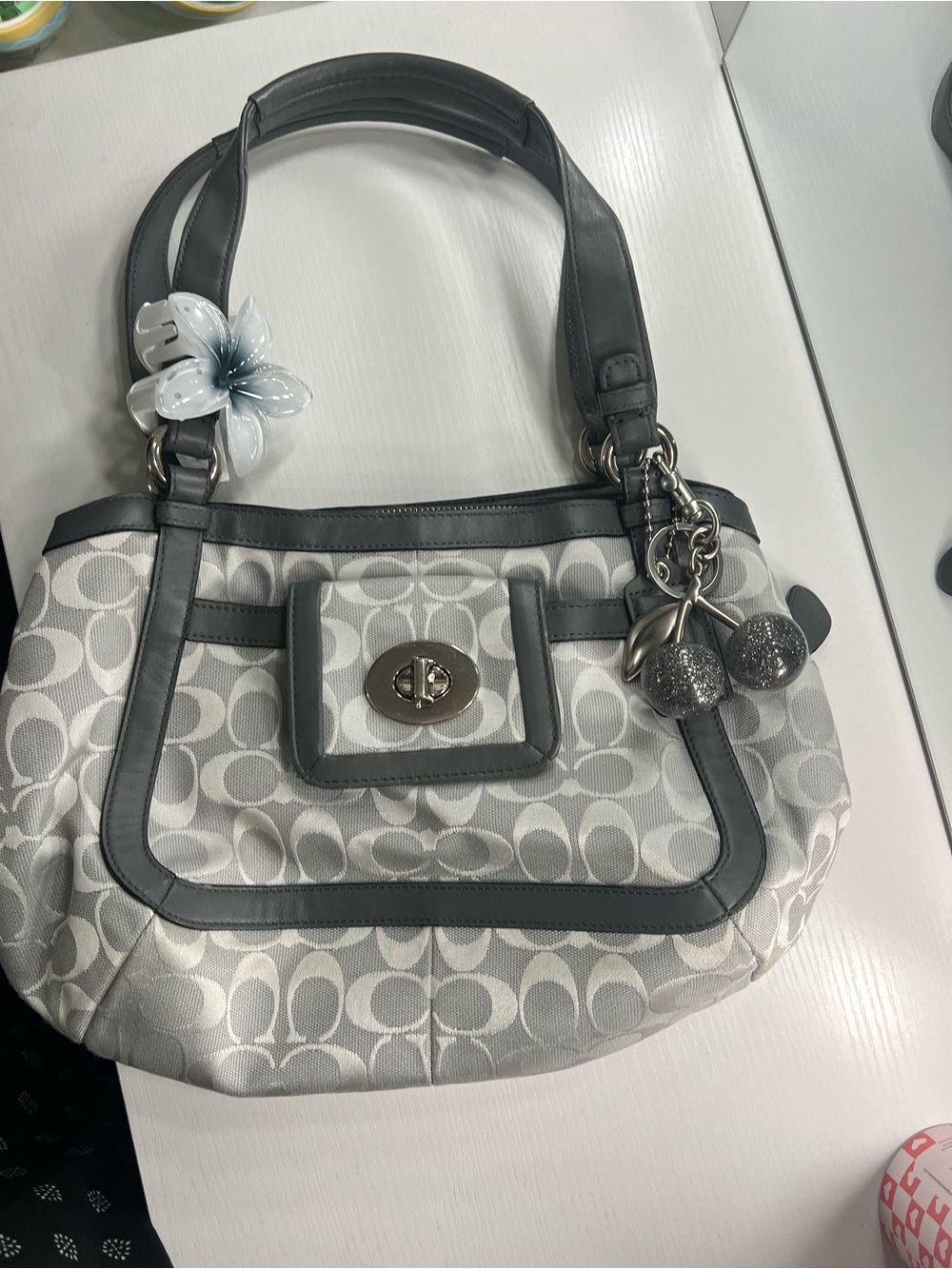 Coach Gray and Silver Signature Canvas Shoulder Bag
